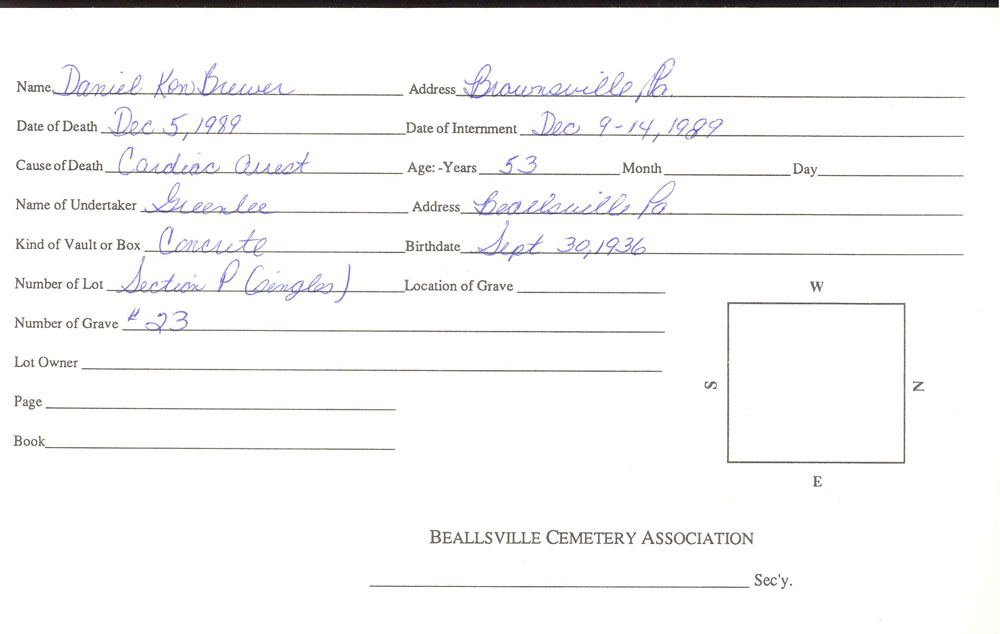 Daniel Ken Brewer burial card